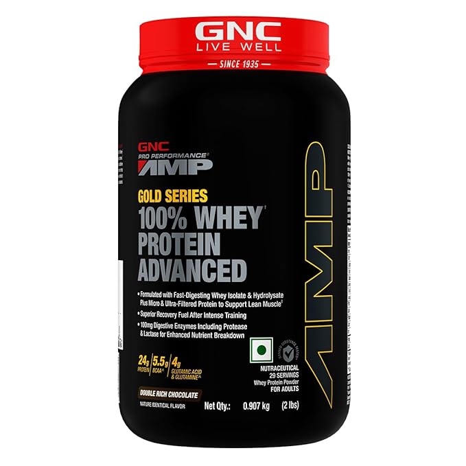 GNC AMP Gold Series Whey Protein Advanced | 2 lbs | Lean Muscle Gains | Intense Workout | Informed Choice Certified | 24g Protein | 5.5g BCAA | 4g Glutamine | Double Rich Chocolate